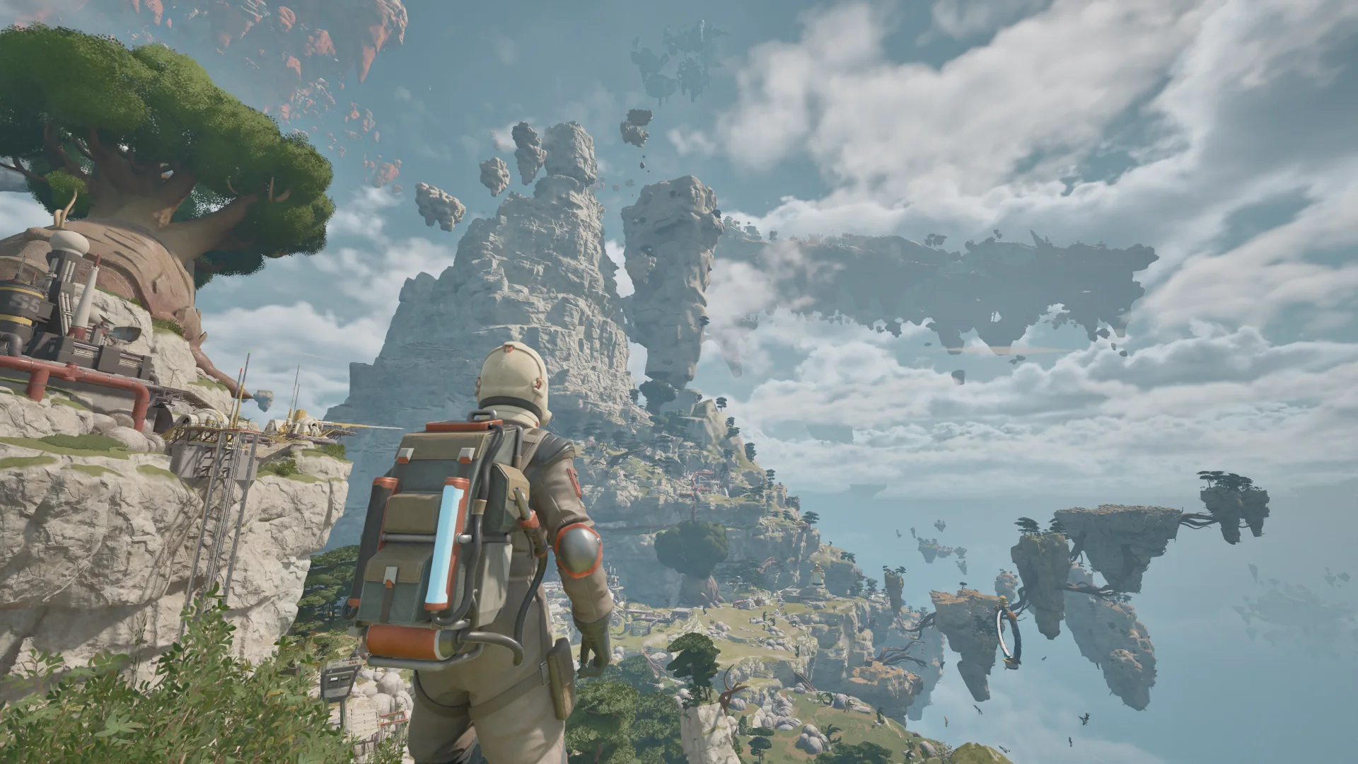 ATMOSFAR gameplay showing floating islands and a suited explorer
